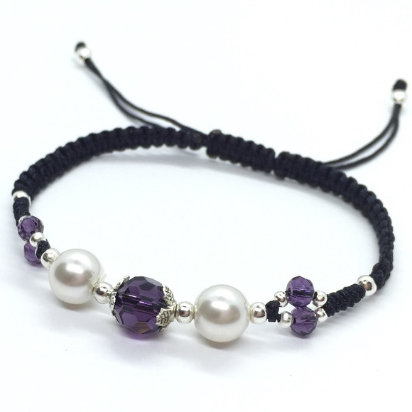 Ivory Glass Pearls w/ Purple Crystal Bracelet - Picture 2 of 5